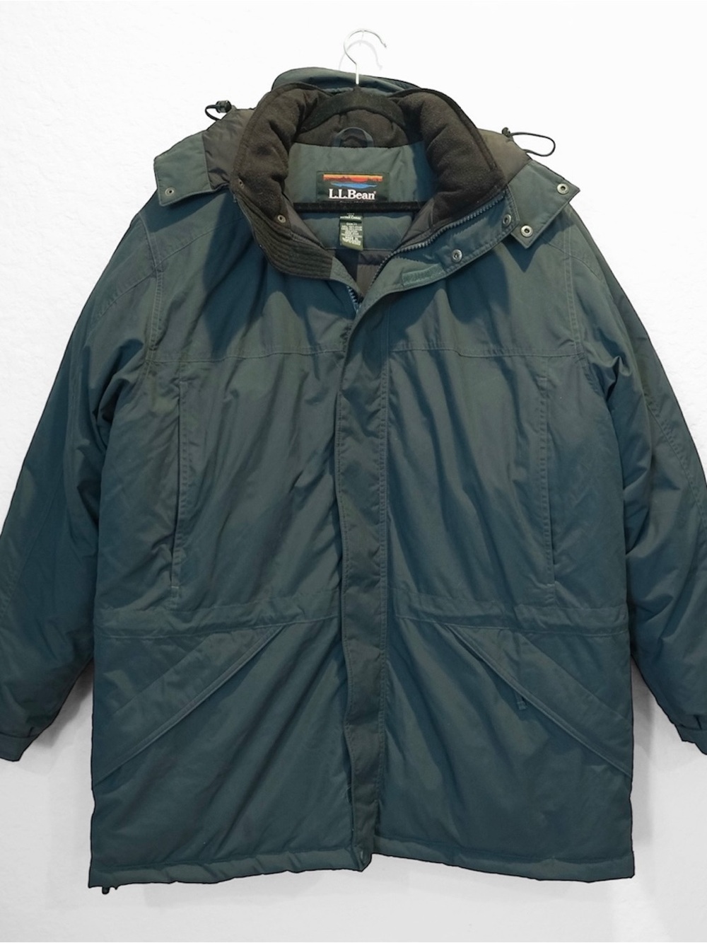 Vintage L.L. Bean Goose Down Hooded Parka Men XL Green Pockets Removable Hood